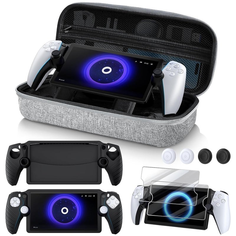Kinwin 10 in 1 Accessories Bundle Compatible with PlayStation Portal, Grey EVA Carrying Case with Silicone Protective Cover, 2 Pack Screen Protectors and 4 Thumb Grips for PS5 Portal Console - Image 1